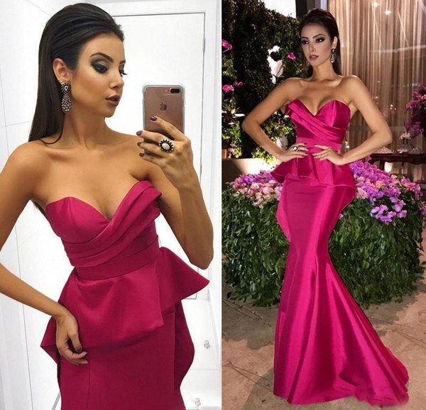 Sexy Fuchsia Mermaid Evening Dresses Sweetheart Pleats Ruched Floor Length Party Prom Gowns Cheap Vestidos de festa