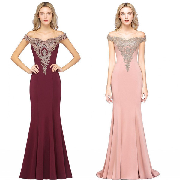 Robe de soriee Burgundy Mermaid Evening Dresses Gold Appliqued Elegant Off Shoulder Backless Prom Bridesmaid Dress Cheap CPS584