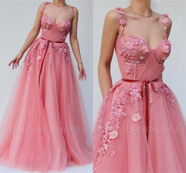 Fabulous Watermelon Evening Prom Dresses Sexy Spaghetti Strap A Line Appliques Beaded Hand Made Flower Formal Evening Celebrity Gowns bc2696