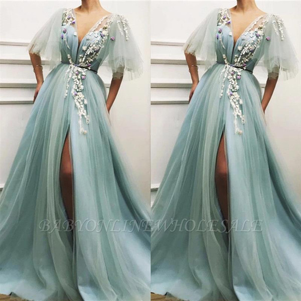 Fairy Sheer Sleeveless Evening Dresses A Line V Neck High Split Tulle Floor Length Pageant Celebrity Gowns Appliqued Prom Dress BC2579