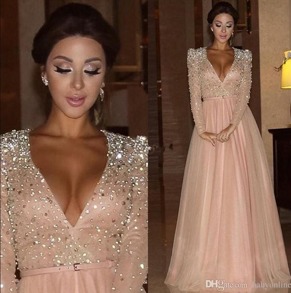 New Myriam Fares Formal Evening Dresses Long Sleeves Deep V Neck Crystal Blush Pink Arabic Red Carpet Prom Party Pageant Gowns Vestidos
