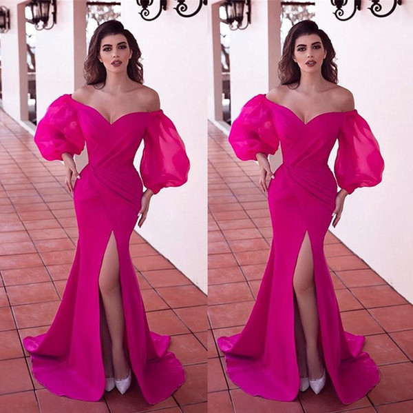 Fuchsia Split Evening Dresses New Poet Sleeves Off Shoulder Party Pageant Gowns Saudi Arabic Pagenat Wears BC2359