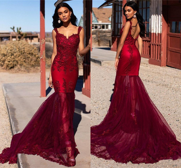 Newest Burgundy Mermaid Evening Dresses Sexy Spaghetti Strap Open Back Appliqued Long Vestidos Tulle Party Prom Gowns BC2319