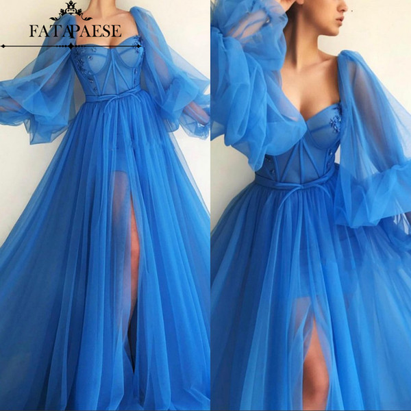 Cheap Tulle Evening Dresses Poet Long Sleeves Sweetheart Ruffles Split Evening Gowns Floor Length Robe de soriee