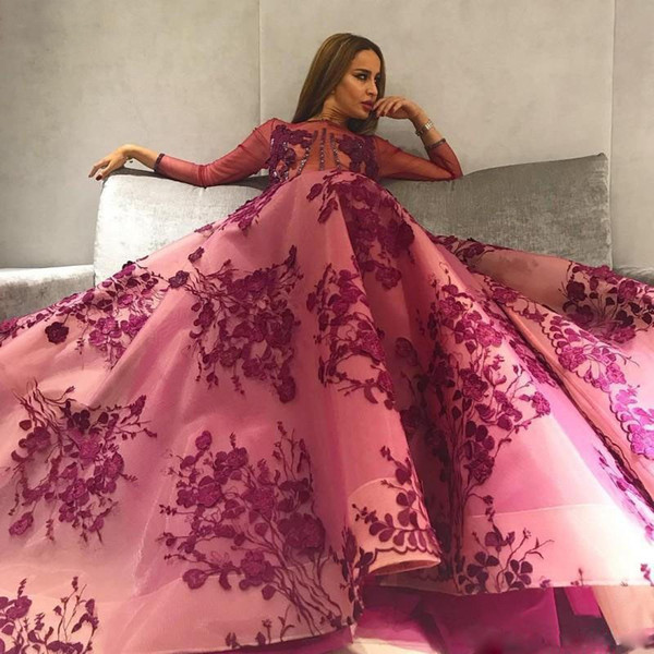 Stunning 3D Appliques Flora Grape Evening Dresses Sxy Open Back A Line Sheer Long Sleeve Arabic Pageant Party Gowns Prom Dress