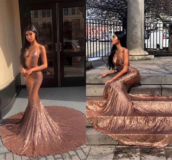 Rose Gold Sequins Evening Dresses Sexy Backless Mermaid Spaghetti Strap African Party Vestidos Long Prom Gowns BC1668