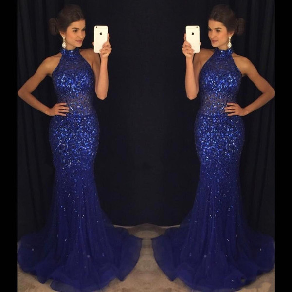 Royal Blue Halter Mermaid Evening Dresses Shinny Beads Sequins Long Formal Occasion Vestidos Prom Gowns BC1736