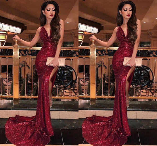 Gorgeous Burgundy Sequined Split Evening Prom Dresses Sexy Mermaid Deep V Neck Long Vestidos Evening Gowns Cheap BC0866