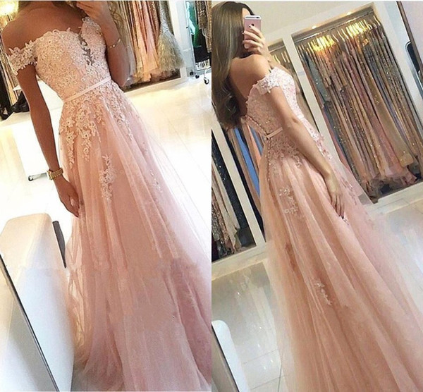 Pink Evening Dresses A Line Off Shoulder Pleats Appliques Sequins Beads Long Formal Vestidos Prom Gowns BC1418