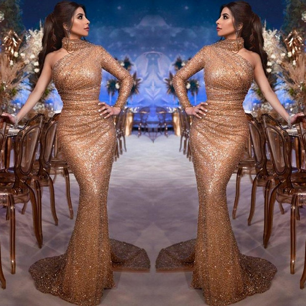 Saudi Arabic Myriam Fares Elegant One Shoulder Evening Dresses High Neck Mermaid Long Sleeve Sequined Evening Prom Gowns BC1686