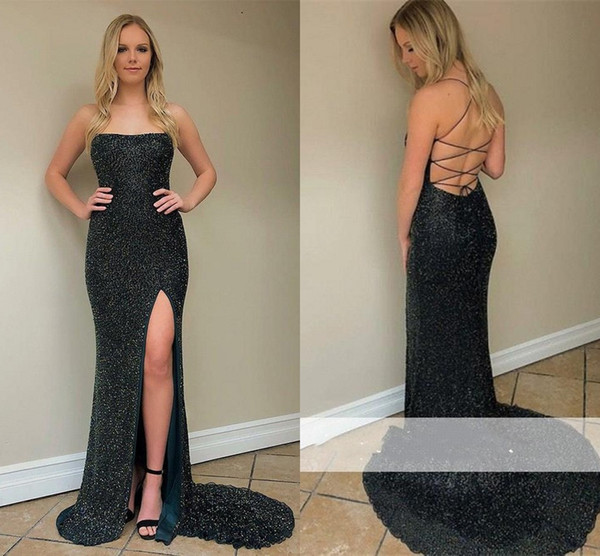 Reflective Sequined Evening Prom Dresses Formal Sexy Criss Cross Backless Straples Split Long Vestidos Evening Gowns cheap BC1685