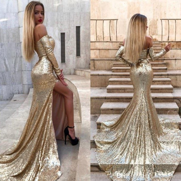 Gold Sequins Mermaid Evening Dresses Side Split Elegant Off Shoulder Long Sleeves Prom Dresses Longue Vestidos de fiesta