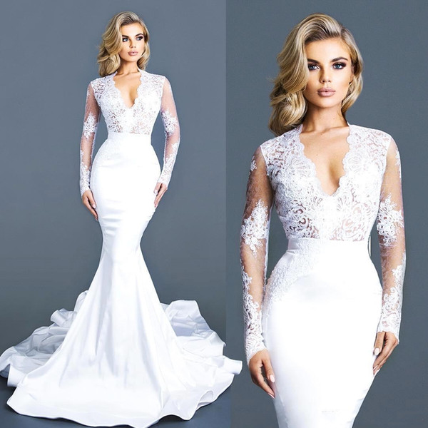 Modern White Lace Satin Evening Dresses Sheer Long Sleeve Mermaid V Neck Illusion Top Appliques Prom Party Gowns Bridal Reception BC2534