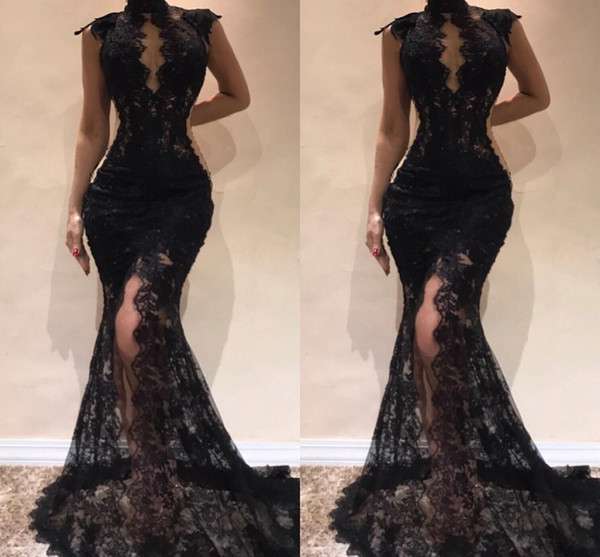 New Sexy High Neck Black Lace Mermaid Prom Dresses Capped Sleeves Front Split Evening Dresses Cutaway Sides Party Gowns BC0513