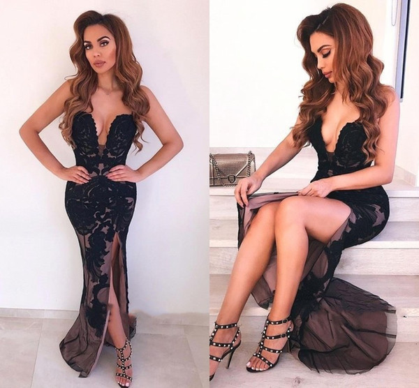 Sexy Plunging Neck Split Evening Dresses Black Appliqued Sweetheart Long Arabic Vestidos Party Gowns Prom Dress BC0903