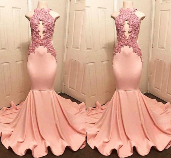 High Neck Pink Mermaid Prom Dresses Sexy Keyhole Appliqued Top Ruffles Train Long Evening Gowns Vestidos BC1159