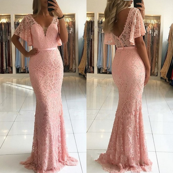 Amazing Pink Full Lace Pearls Beaded Evening Dresses Sexy Mermaid V Neck Flare Sleeveless Backless Long Party Vestidos Prom Gowns