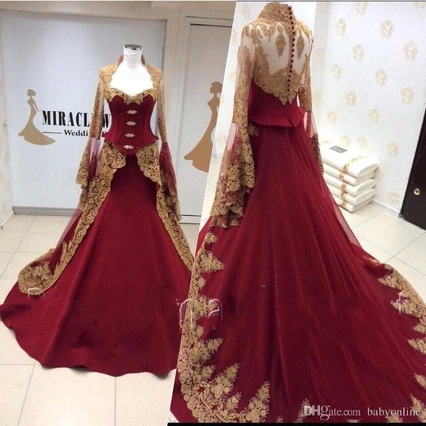 Gorgeous Gold Lace Appliqued Burgundy Evening Dresses With Long sleeves Middle East Dubai Arabia Prom Dresses Vestido de Festa BC0573