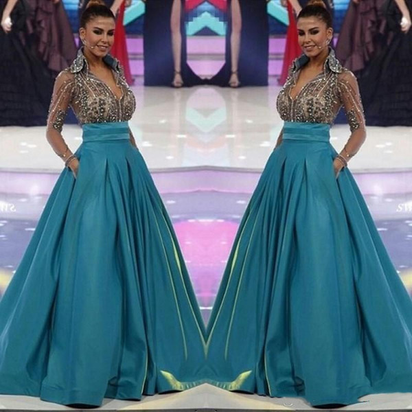 Miss World Long Sleeve Evening Dresses Formal Sheer V-Neck Beading Pageant Dress with Pockets Women Formal Wear Prom Dress BC1219