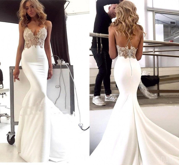 Noble White With Appliques Mermaid Evening Dresses Formal For Women Occasion Party Gowns Prom Dress Sexy Spagehtti Strap Backless BC2004