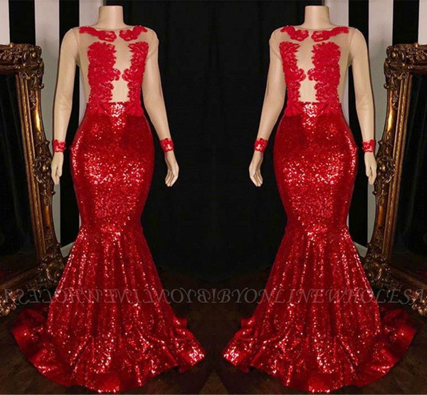 Morden Red Sequined Evening Prom Dresses Sheer Long Sleeve Jewel Neck Appliques Long Party Gowns Cheap BC1915