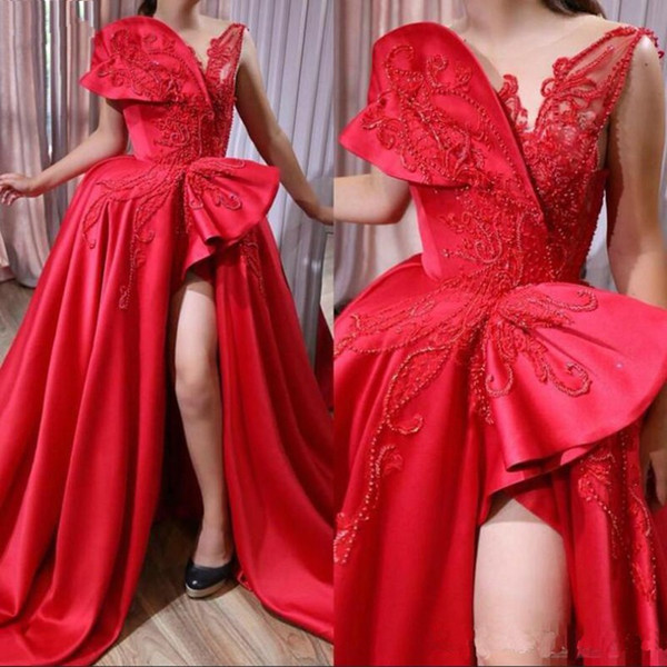 Newest Red Evening Dresses Hgih Thigh Split A Line Sheer Neck Embroidery Appliqued Beads Long Pageant Celebrity Arabic Gowns 