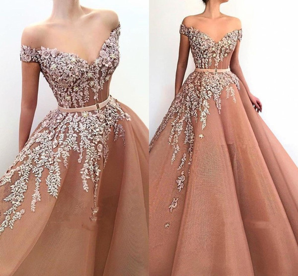 Gorgeous Arabic Evening Dresses Dubai Arabic Style A Line Off Shoulder Applique Beads Long Vestidos Prom Gowns BC1371