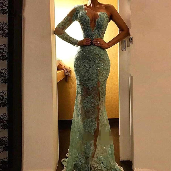 Sexy Illusion Mint Lace Mermaid Evening Dresses Sparkle Sequined Beaded Long Prom Gowns High Side Split One Shoulder Party Dress BC1400