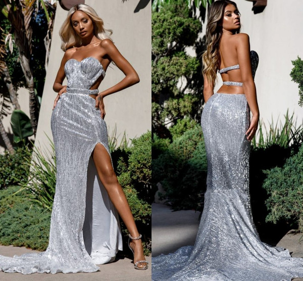 Reflective Sparkle Silver Sequins Evening Dresses Sexy Sweetheart Backless Split Long Robe de longue Party Prom Gowns BC1346