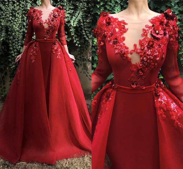 Modest Long Sleeve Red Evening Dresses New Arrival Appliques Sheer Neck Vestidos Formal Prom Party Gowns Detachable Skirt BC