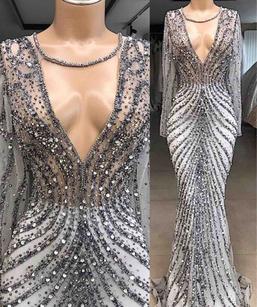 Luxury Beaded Mermaid Evening Dresses Real Image Sheer Long Sleeve Sexy See Through Women Occasion Pageant Prom Gowns Custom Made