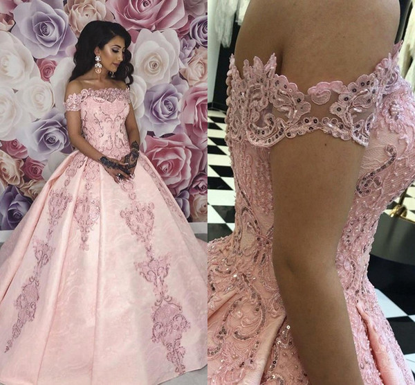 Full Lace Pink Evening Dresses Elegant Off Shoulders A Line Pageant Vestidos Prom Gowns Sweet 16 Quinceanera Dress Appliqued BC2348