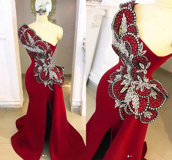 Fantastic Embroidery Beads Burgundy Evening Dresses Elegant One Shoulder Ruffles Split Party Celebrity Gowns Prom Dress Custom Made