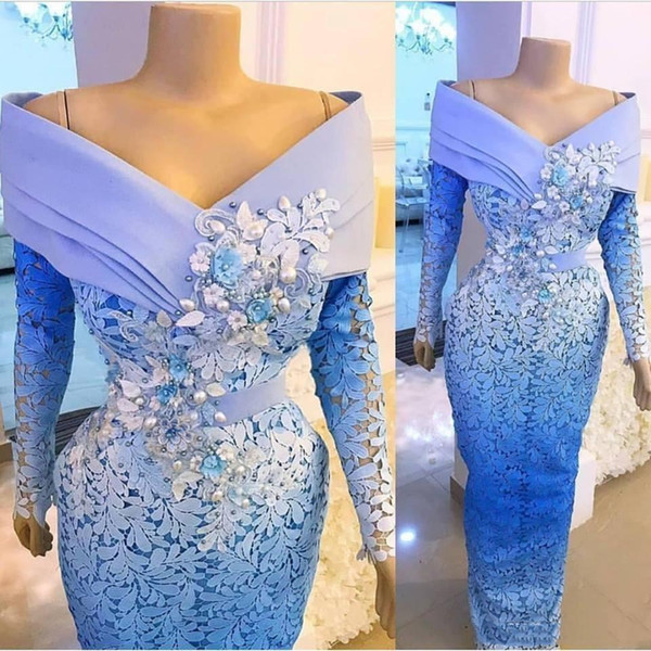 Off The Shoulder Blue Evening Dresses Lace Appliqued Beaded Gorgeous Evening Prom Gowns Floor Length Formal Party Gowns Custom Made