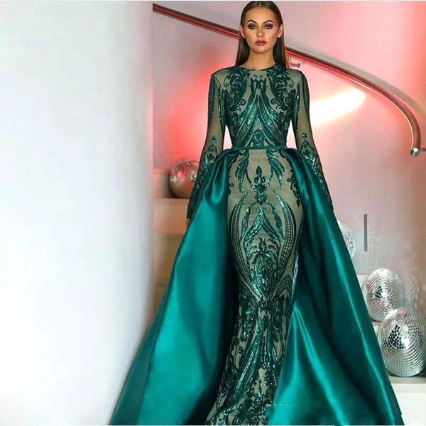 Dark Green Long Sleeve Mermaid Evening Dresses With Detachable Skirt Illusion Bodice Sequined Plus Size Formal Party Prom Gowns BC2230