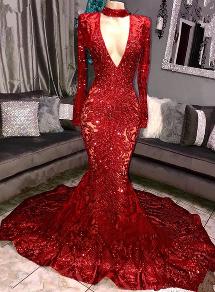 Vintage Long Sleeves Mermaid Evening Dresses Sexy Deep V Neck Appliques Beads Red Royal Blue Formal Party Celebrity Gowns With Choker BC0842