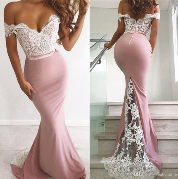 Stunning Mermaid Pink Evening Dresses Elegant Off Shoulders Appliques Prom Gowns Long Bridesmaid Dresses BC0359