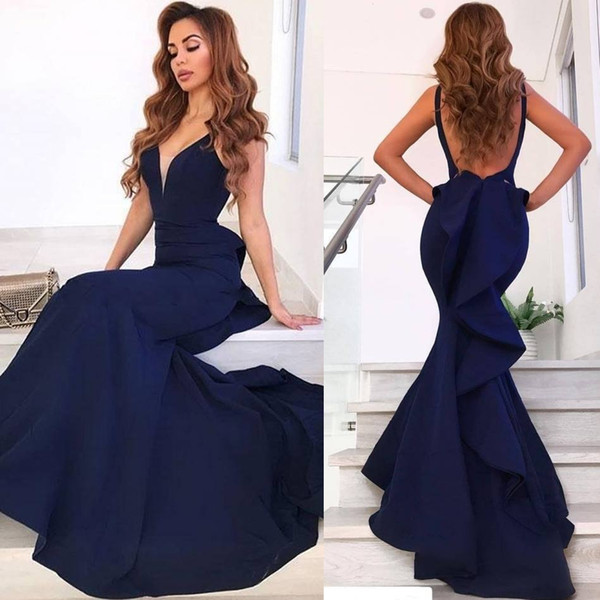 Sexy Open Back Navy Blue Mermaid Prom Dresses Pleats Ruffles Long Women Party Evening Gowns Cheap Onsale