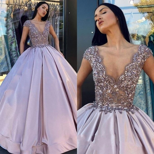 A Line Evening Dresses Arabic Dubai Style Sexy Plunging V Neck Cap Sleeves Applique Sequins Party Prom Gowns Quinceanera Dress BC0248