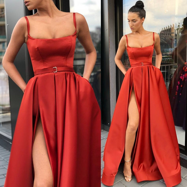 Red Sexy High Thigh Split Evening Dresses Newest A Line Spaghetti Straps Prom Dress Celebrity Gowns