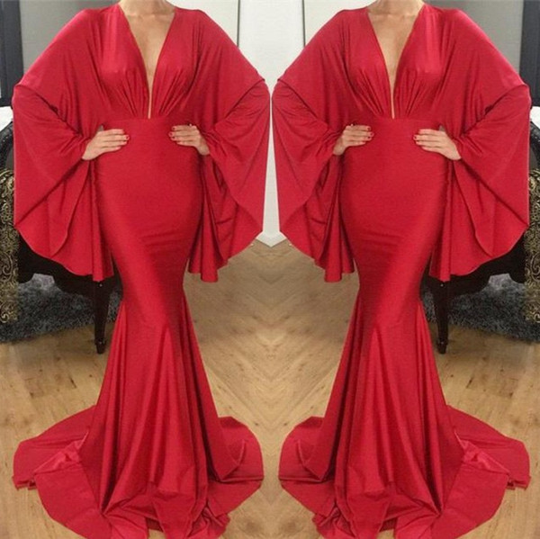 New Designed Arabic Dubai Style Red Evening Dresses Plunging V Neck Long Sleeves Women Occasion Party Celebrity Gowns BA9944