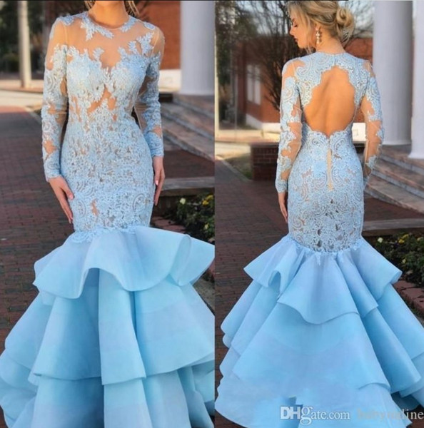 Vintage Long Sleeves Sky Blue Prom Dresses Sheer Illusion Bodice Sexy Mermaid Keyhole Backless Ruched Long Evening Gowns