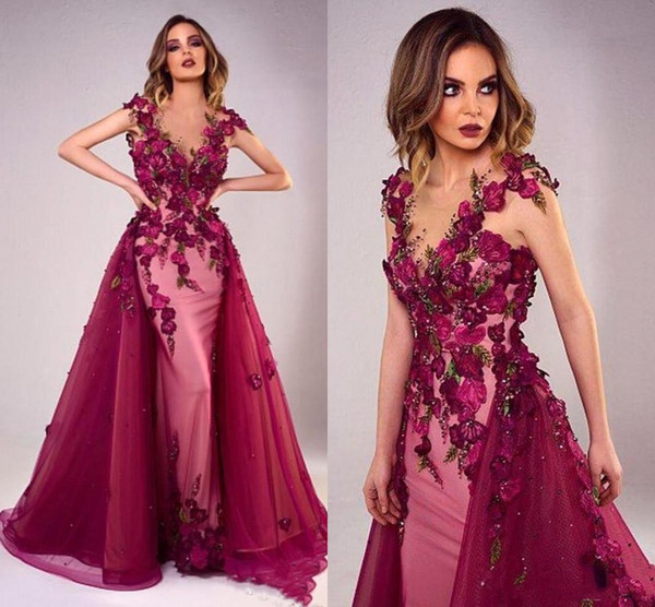 Tony Chaaya Evening Dresses With Detachable Train Beautiful Flowers Beads Mermaid Formal Party Gowns Prom Pageant Wears BC2829