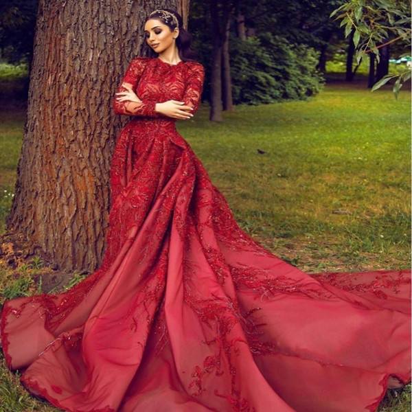 Modest Arabic Red Evening Dresses A Line High Neck Long Sleeve 3D Flora Appliques Sequins With Long Train Party Gowns Custom Made