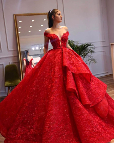 Stunning Layer Ruffles Puffy Red Evening Dresses Elegant Off Shoulder Lace Appliques Beads Sequins Formal Prom Pagenat Quinceanera Gowns