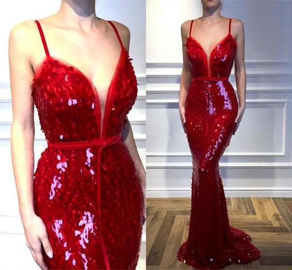 Sparkly Red Sequined Evening Dresses Formal Sexy Mermaid Spaghetti Strap With Sash Long Prom Gowns Pageant Wear Dress BC2302