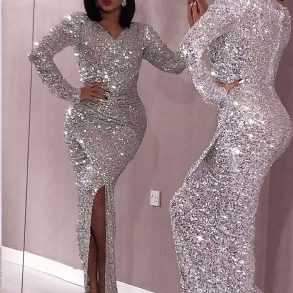 Modest Arabic Long Sleeve Split Evening Dresses Shiny Silver Sequins Beads Mermaid V Neck Vestidos de festa Long Prom Party Gowns Pageant