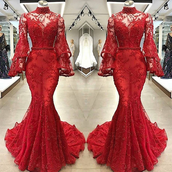 Red Lace Mermaid Evening Dresses Sexy Illusion Poet Long Sleeves High Neck Appliqued Beaded Long Party Pageant Gowns Prom Dress