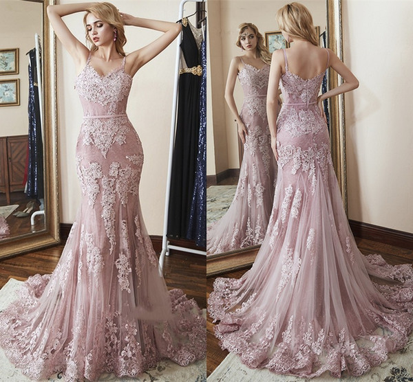 Dusky Pink Mermaid Evening Dresses Sexy Backless Spaghetti Strap Lace Appliqued Sequined Long Vestidos Pageant Gowns Prom Dress