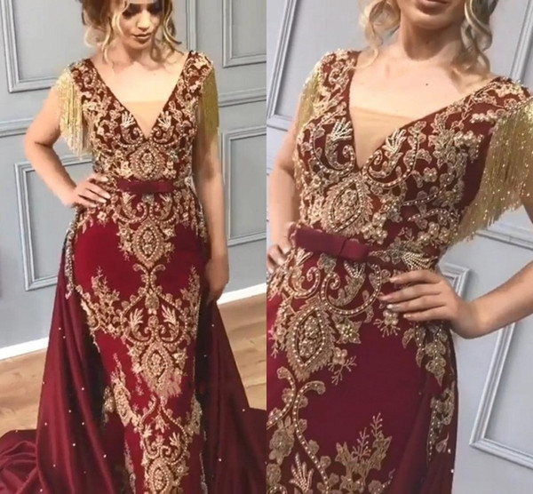 Dark Red Evening Dresses With Gold Appliques Sequins Beaded Mermaid Arabic Muslim Detachable Train Evening Prom Gowns Tassel BC0705